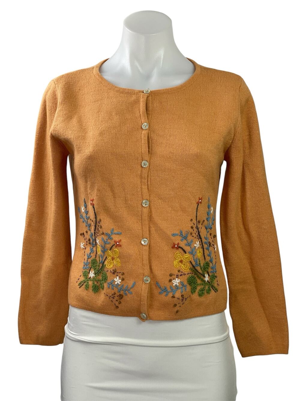 Liz Claiborne Brown Wool Embroidered Long Sleeve Button Cardigan Sweater Top SP